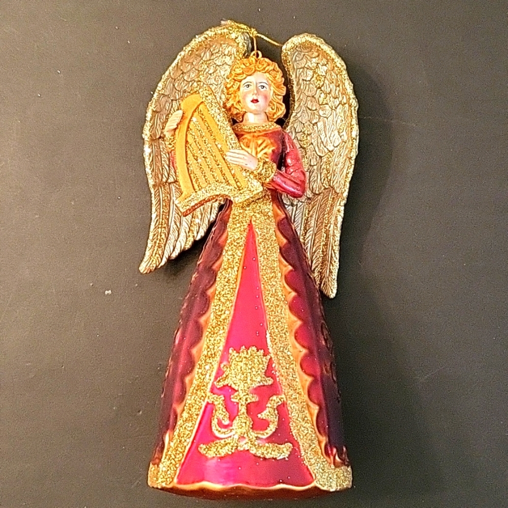 NEW Angel with Harp Ornament 😇 Red & Gold Painted Glass, Glitter